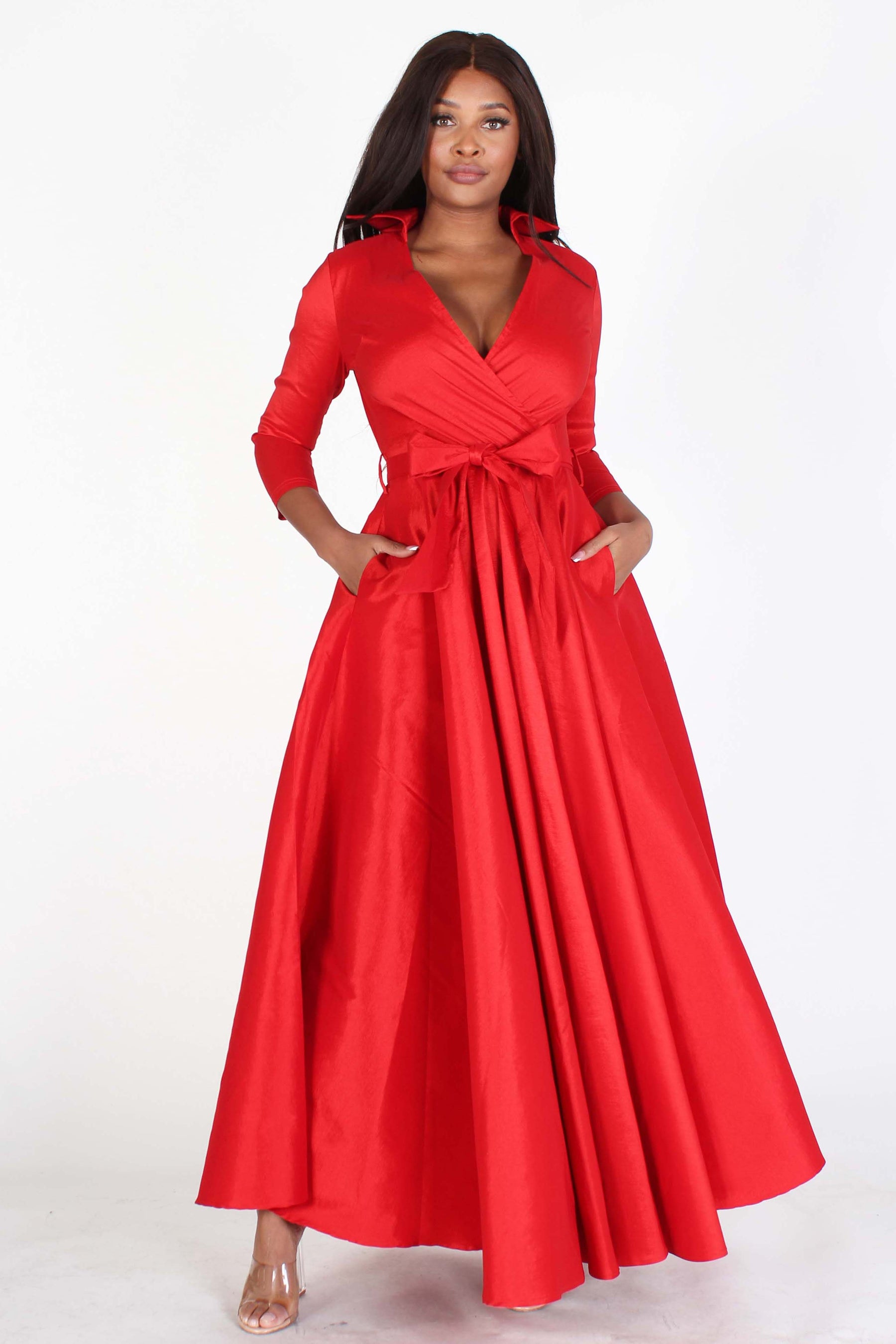 Taffeta Wrapped Waist A-Line Maxi Dress